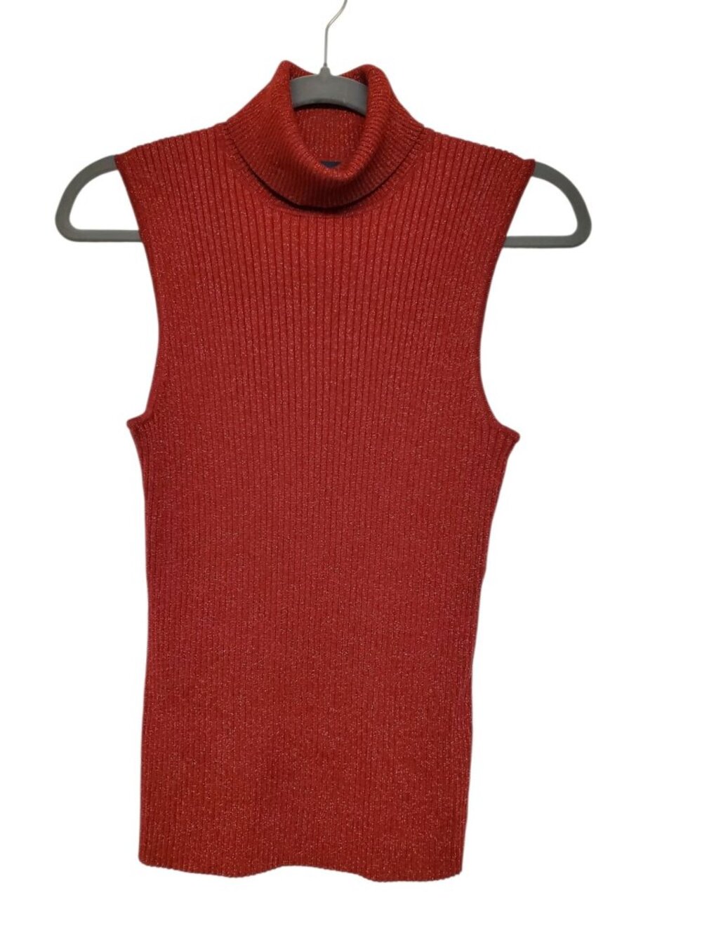 Cable & Gauge Red Gold Metallic Lurex Ribbed Silk Knit Sleeveless Turtleneck M